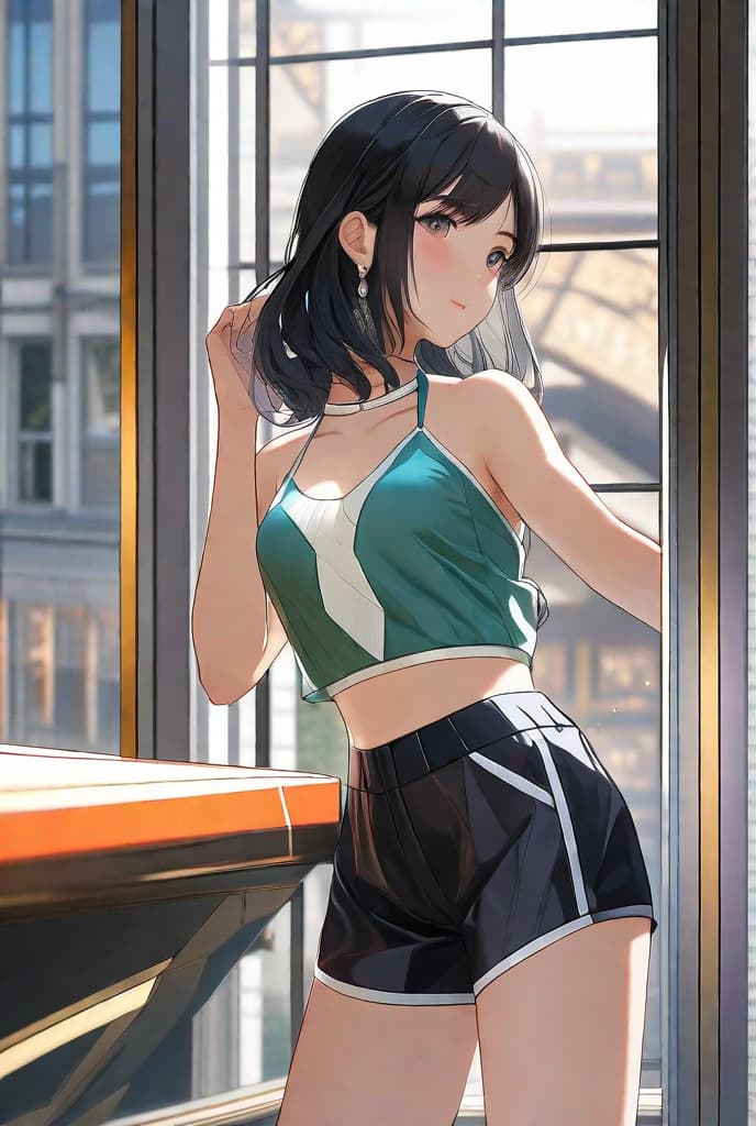  masterpiece, best quality, best quality,(full body:1.5), bright face, female, black and shiny hair,(middle hair 1.2), see-through halter top, thin shorts, indoor, standing in the morning window, upper body slightly tilted back