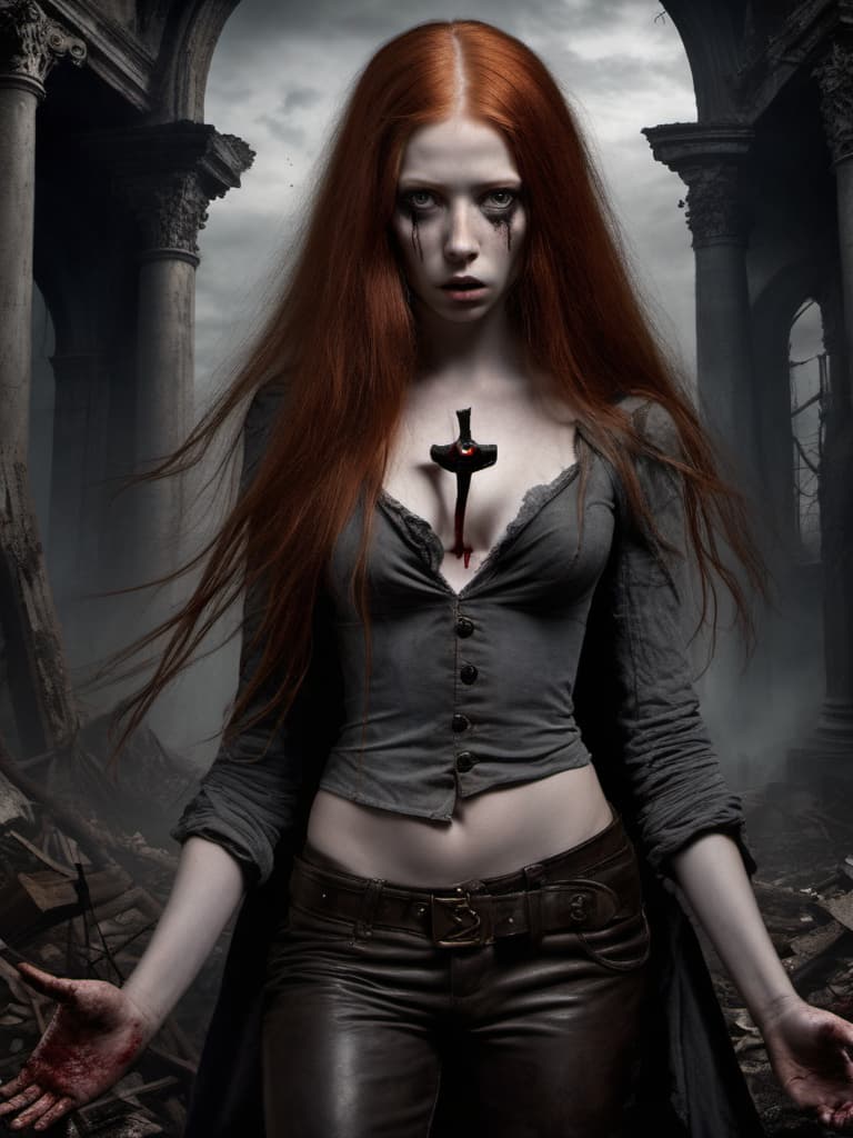  macabre style masterpiece: 1.9, [the character is a beautiful young girl with long red hair, eyes with vertical pupils, holding an hourglass with one hand, looking up, ruins around me, a character, well-drawn hands, a beautiful cute face and the whole composition, a woman is surprised, a girl in dirty clothes, leather pants, grey t-shirt with a pattern of two triangles intersecting, boots with metal rivets, grey t-shirt with a pattern of two intersecting triangles] [place - in a ruined city overgrown with trees and grass, trees through walls, ruins, bricks, fog around, blue fog on the ground] [weather - sunset, moonlight, stars, shadows] [atmosphere - gloomy, frightening] . dark, gothic, grim, haunting, highly detailed