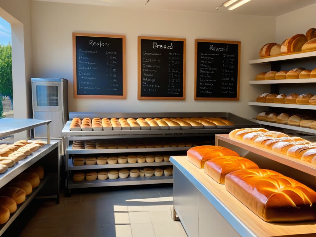  An image of a professional bakery kitchen with sunlight streaming through a window, casting a warm glow over a variety of artisanal bread loaves rising in fermentation baskets. The scene captures the intricate textures of the dough, the dusting of flour on wooden surfaces, and the subtle movement of bubbles forming in the process. Each loaf is uniquely shaped and scored, showcasing the artistry and precision of traditional breadmaking techniques. The background features shelves filled with jars of sourdough starters, vintage baking tools, and a rustic chalkboard displaying handwritten recipes for elevated bread creations. hyperrealistic, full body, detailed clothing, highly detailed, cinematic lighting, stunningly beautiful, intricate, sharp focus, f/1. 8, 85mm, (centered image composition), (professionally color graded), ((bright soft diffused light)), volumetric fog, trending on instagram, trending on tumblr, HDR 4K, 8K