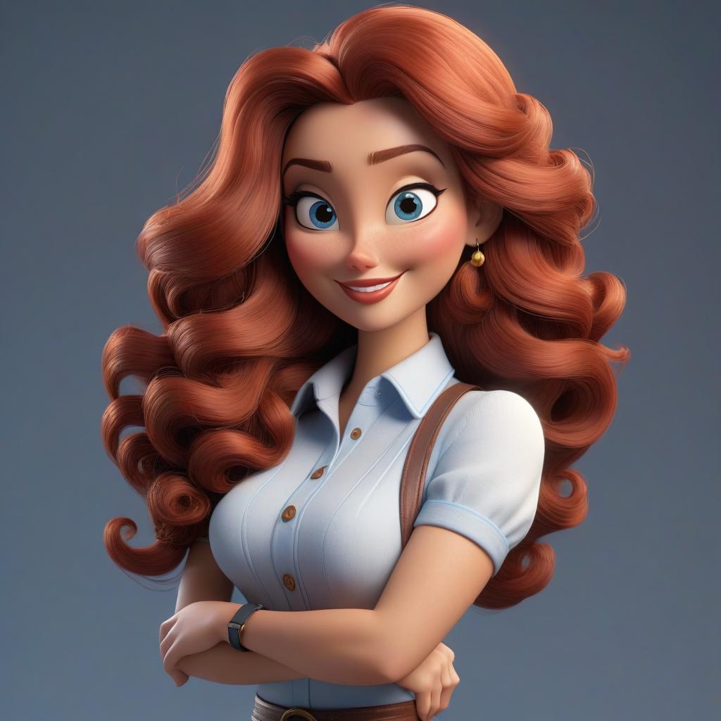  professional 3d model Draw a woman in the Pixar style: she is very kind. Her facial features are soft. She has long hair. The hair is reddish and very curly. Her eyes are blue. She is smiling widely. She is plump. . octane render, highly detailed, volumetric, dramatic lighting hyperrealistic, full body, detailed clothing, highly detailed, cinematic lighting, stunningly beautiful, intricate, sharp focus, f/1. 8, 85mm, (centered image composition), (professionally color graded), ((bright soft diffused light)), volumetric fog, trending on instagram, trending on tumblr, HDR 4K, 8K