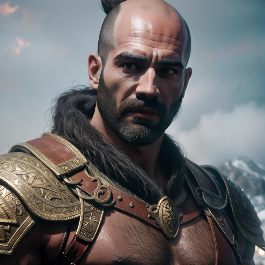  God of war hyperrealistic, full body, detailed clothing, highly detailed, cinematic lighting, stunningly beautiful, intricate, sharp focus, f/1. 8, 85mm, (centered image composition), (professionally color graded), ((bright soft diffused light)), volumetric fog, trending on instagram, trending on tumblr, HDR 4K, 8K