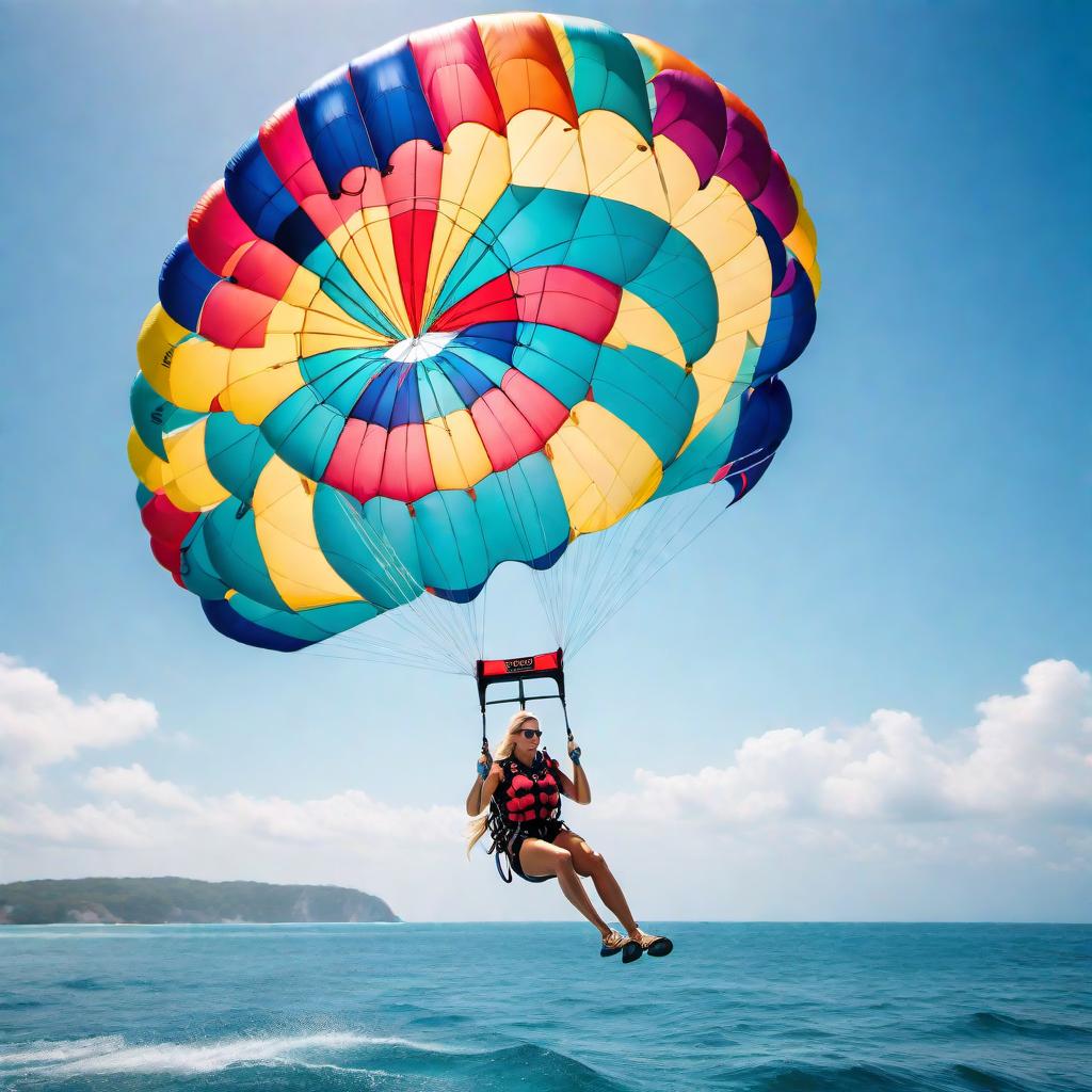  Blonde girl parasailing over clear blue ocean waters on a sunny day, with a colorful parachute. hyperrealistic, full body, detailed clothing, highly detailed, cinematic lighting, stunningly beautiful, intricate, sharp focus, f/1. 8, 85mm, (centered image composition), (professionally color graded), ((bright soft diffused light)), volumetric fog, trending on instagram, trending on tumblr, HDR 4K, 8K