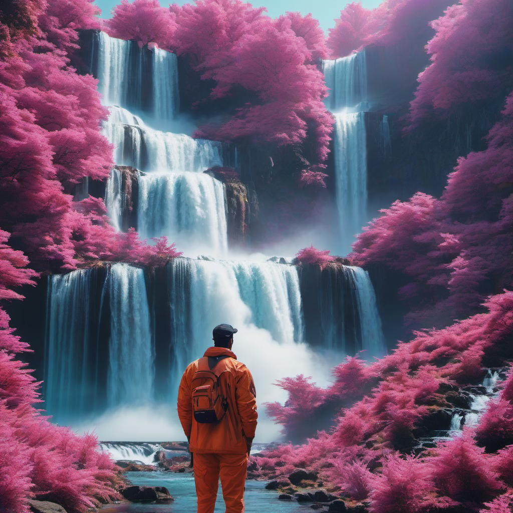  vaporwave style huge waterfall . retro aesthetic, cyberpunk, vibrant, neon colors, vintage 80s and 90s style, highly detailed hyperrealistic, full body, detailed clothing, highly detailed, cinematic lighting, stunningly beautiful, intricate, sharp focus, f/1. 8, 85mm, (centered image composition), (professionally color graded), ((bright soft diffused light)), volumetric fog, trending on instagram, trending on tumblr, HDR 4K, 8K