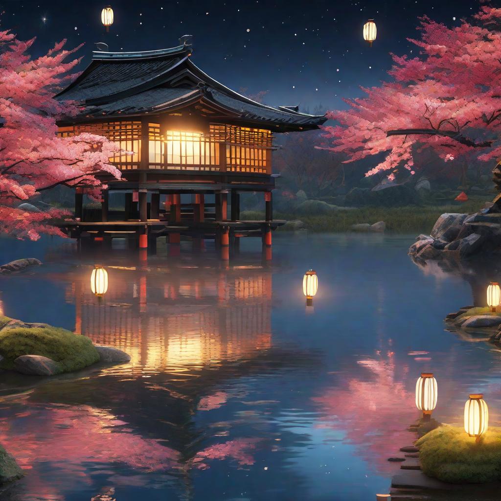  masterpiece, best quality, (Fidelity: 1.4), Best Quality, Masterpiece, Ultra High Resolution, 8k resolution, A night view inspired by Japanese art, featuring a garden illuminated by paper lanterns and a wooden bridge spanning a tranquil lake, by the lakeside, there is a small Zen temple. The water reflects the starry sky.