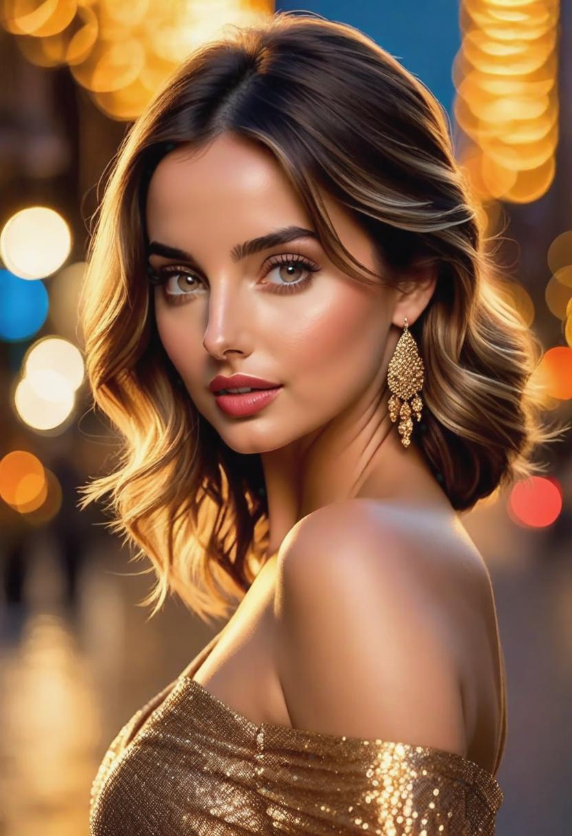  1. Ana De Armas, radiating elegance, stands against a backdrop of vibrant city lights, as if caught in a cinematic moment of timeless beauty. The scene is bathed in soft, golden evening light, giving her a soft glow that enhances her graceful presence.

2. In an intimate close-up, Ana De Armas captivates with her piercing gaze and natural beauty. The scene is adorned with delicate, romantic lighting, casting soft shadows that accentuate her flawless complexion and bring out the gentle curves of her face.

3. Ana De Armas, dressed in an exquisite evening gown, poses against a dramatic, dark backdrop. The lighting is moody and evocative, casting deep shadows that add depth and mystery to the image. Each delicate detail, from the strands of he hyperrealistic, full body, detailed clothing, highly detailed, cinematic lighting, stunningly beautiful, intricate, sharp focus, f/1. 8, 85mm, (centered image composition), (professionally color graded), ((bright soft diffused light)), volumetric fog, trending on instagram, trending on tumblr, HDR 4K, 8K