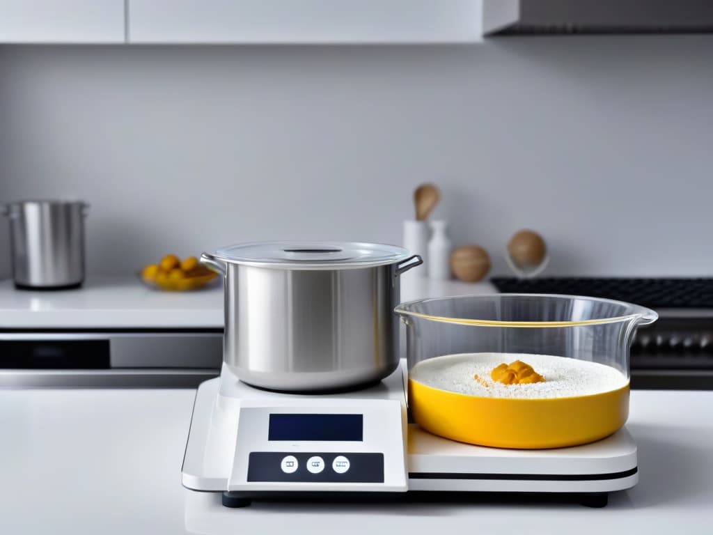  A sleek, modern kitchen countertop showcasing an array of futuristic baking tools and ingredients neatly organized. From precision digital scales to hightech mixers, the image conveys a sense of innovation and efficiency in the world of future baking. The tools gleam under soft, ambient lighting, casting gentle shadows that add depth to the composition. The minimalistic aesthetic highlights the focus on advanced technology and precision in the art of baking, setting the tone for the article's exploration of the future of pastry making. hyperrealistic, full body, detailed clothing, highly detailed, cinematic lighting, stunningly beautiful, intricate, sharp focus, f/1. 8, 85mm, (centered image composition), (professionally color graded), ((bright soft diffused light)), volumetric fog, trending on instagram, trending on tumblr, HDR 4K, 8K