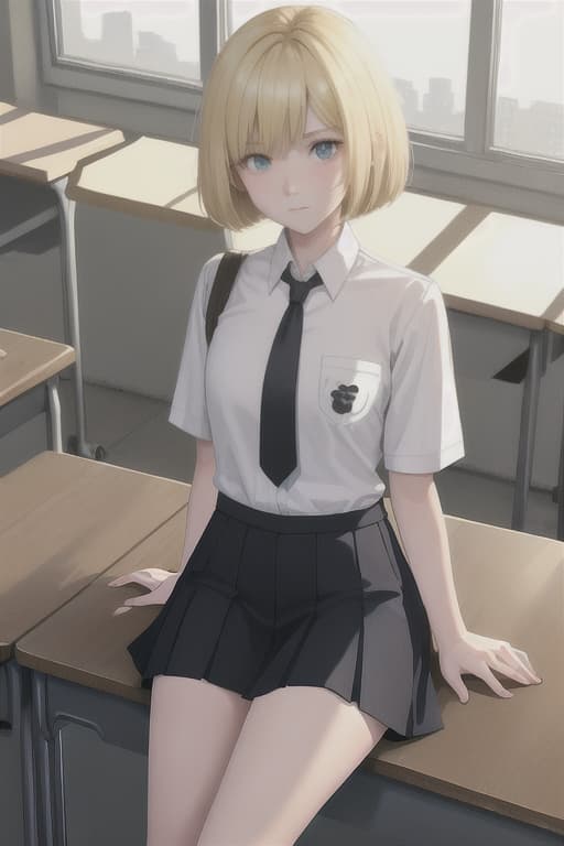  Roll the shirts rolled up, short skirts, blond short hair, heart mark, chest and big, raw, raw, bags, classrooms, compositions overlooking from the top, sunshine on the desk, sunshine in the sun and sunshine, high -socks.