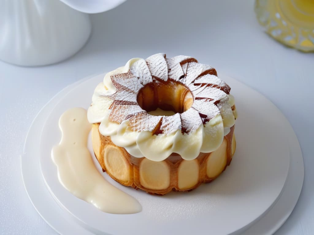  A minimalist, highresolution image showing a closeup of a perfectly crafted cronut, highlighting its flaky layers, glossy glaze, and delicate toppings, set against a clean, white background to emphasize the innovative and modern approach to contemporary pastry creation. hyperrealistic, full body, detailed clothing, highly detailed, cinematic lighting, stunningly beautiful, intricate, sharp focus, f/1. 8, 85mm, (centered image composition), (professionally color graded), ((bright soft diffused light)), volumetric fog, trending on instagram, trending on tumblr, HDR 4K, 8K