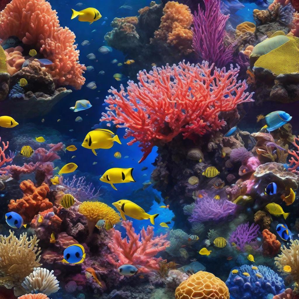  masterpiece, best quality, beautiful deep sea full of corals, diverse marine life and fascinating underwater landscapes with corals, appendages, small fish, anemones, dolphins, various algae, caves, colorful, 8k resolution and intricate detail