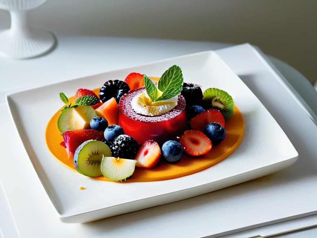  A visually striking image of a beautifully crafted dessert made from upcycled ingredients, presented on a sleek, modern plate. The dessert is elegantly garnished with fresh fruits and herbs, creating a colorful and appetizing display. The background is a soft focus, emphasizing the dessert as the focal point of the image. The lighting is soft and natural, casting a gentle glow over the dessert and highlighting its textures and details. hyperrealistic, full body, detailed clothing, highly detailed, cinematic lighting, stunningly beautiful, intricate, sharp focus, f/1. 8, 85mm, (centered image composition), (professionally color graded), ((bright soft diffused light)), volumetric fog, trending on instagram, trending on tumblr, HDR 4K, 8K