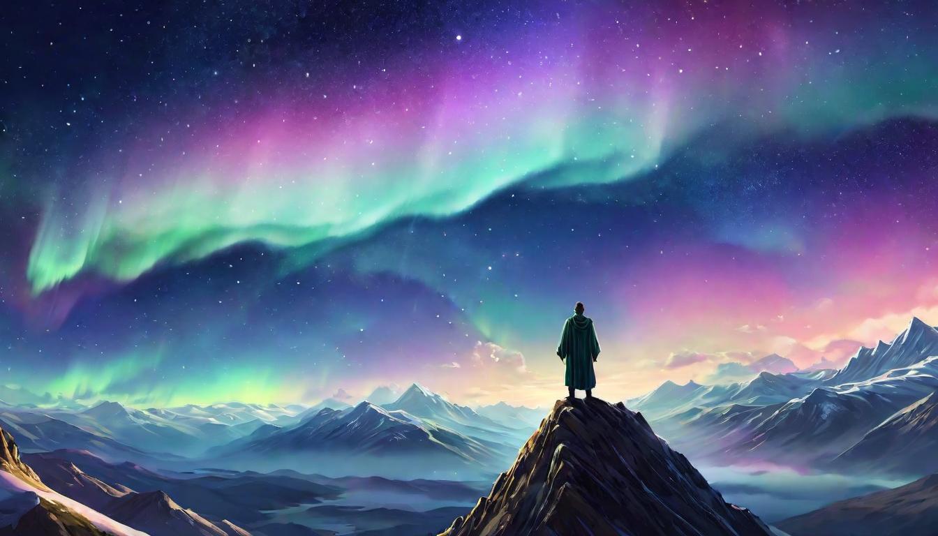  digital illustration, A human figure with flowing robes, standing on a mountain peak, arms raised to the sky, starry night backdrop, aurora borealis swirling above, illuminated connection with cosmos, divine energy, unity, looking at viewer, dynamic pose, (intricate details, masterpiece, best quality)