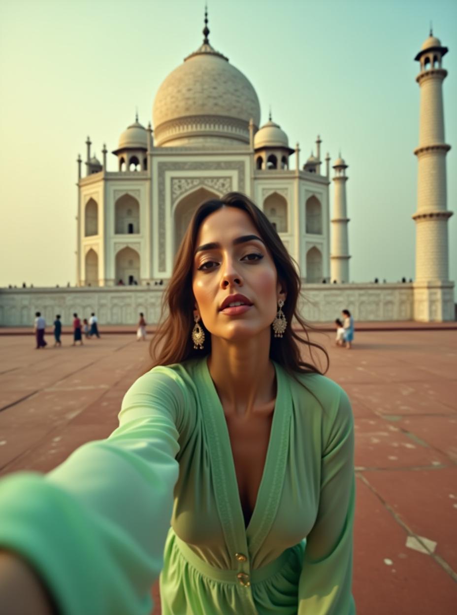  good quality, high quality, fashion photography. a low angle close up shot. an indian woman wearing a light green kameez is lowered and looking towards the camera, creating a dynamic and immersive perspective. taj mahal with dusky atmosphere in the background. the focus is on the woman, with a slight blur on the background to enhance depth. the lighting is natural, casting soft shadows and enhancing the serene, airy mood. a ground level view emphasizes her movement and expression, conveying a sense of freedom and elegance.