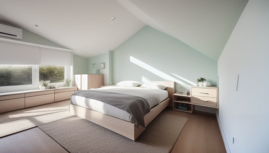  A high resolution photograph of a modern Bedroom, natural lighting, modern furniture, warm and welcoming ambiance, captured by a Canon EOS 5D Mark IV camera + Canon EF 16 35 mm f/2.8L II USM lens, open two small 60x30 cm windows on the wall of the head of bed, remove the bed and add a wardrobe and a long dresser instead. Mint, white, light and simple decoration.