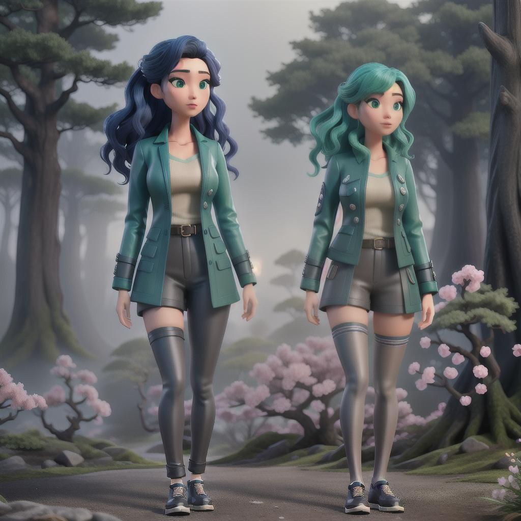  Asian, Sci fi, dark nautical, punk, a chic and quirky style, cherry blossoms, forbidden forest, green and blue colors, indie, 90s, douyin makeup, wavy hair and her hair looks like it’s being blown by the wind hyperrealistic, full body, detailed clothing, highly detailed, cinematic lighting, stunningly beautiful, intricate, sharp focus, f/1. 8, 85mm, (centered image composition), (professionally color graded), ((bright soft diffused light)), volumetric fog, trending on instagram, trending on tumblr, HDR 4K, 8K