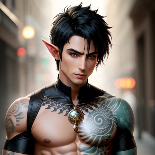  male, half-elf, short black hair, green eyes, tattoos, thin toned build, ranger, hyperrealistic, high quality, highly detailed, perfect lighting, intricate, sharp focus, f/1. 8, 85mm, (centered image composition), (professionally color graded), ((bright soft diffused light)), trending on instagram, HDR 4K, 8K