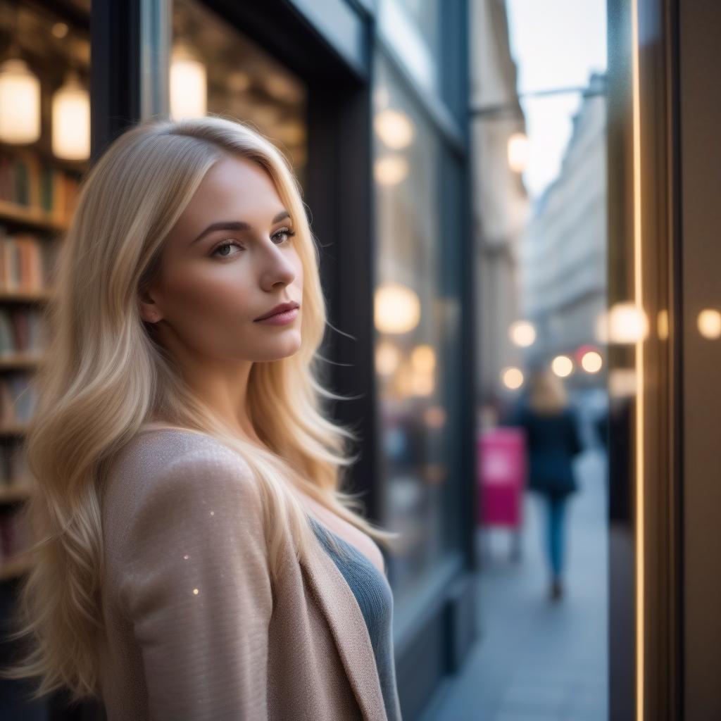  Stylish woman, street photography shot, long blonde hair, capturing her reflection in a bookstore glass frontdoor, upper body framing, on a Parisian street, neon lighting, shot from a low angle, (bokeh effect:1.2), ultra realistic