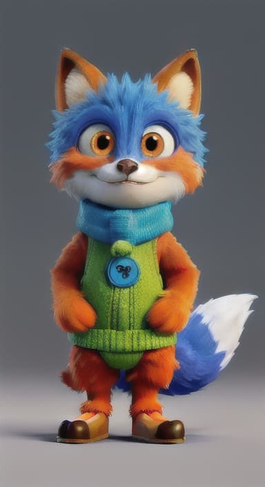  {Error the fox pressing the blue button with his paw, looking puzzled as nothing occurs., Error is a small, bright orange fox with a fluffy tail and big, inquisitive eyes. He has a mischievous yet kind expression and wears a tiny green scarf.