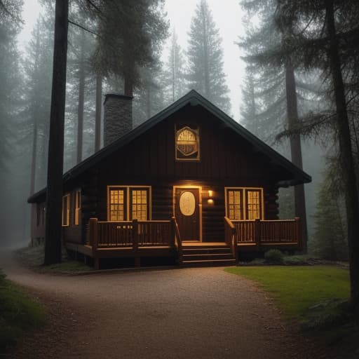  cabin in the woods, hyperrealistic, high quality, highly detailed, cinematic lighting, intricate, sharp focus, f/1. 8, 85mm, (centered image composition), (professionally color graded), ((bright soft diffused light)), volumetric fog, trending on instagram, HDR 4K, 8K