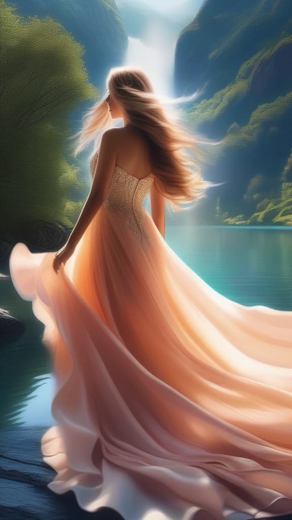  Girl in the sky with long flowy hair and a beautifull dress , ((masterpiece)), best quality, very detailed, high resolution, sharp, sharp image, extremely detailed, 4k, 8k