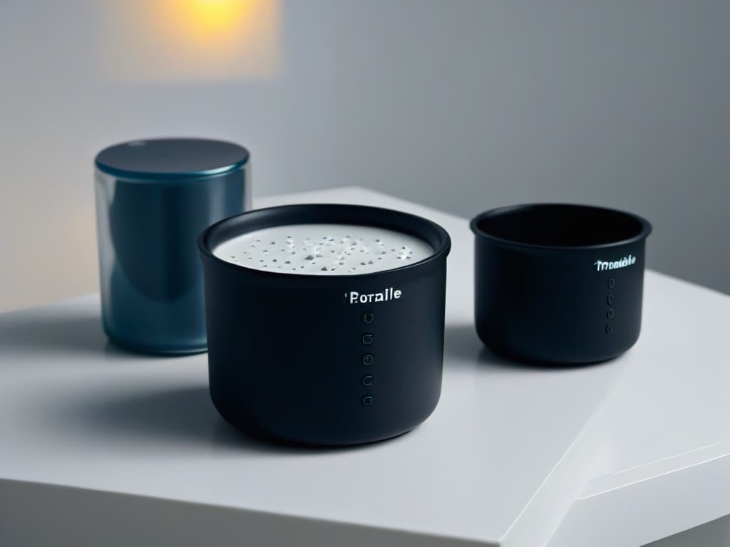  A closeup, ultradetailed image of a sleek, matte black measuring cup set designed specifically for individuals with visual impairments. The image showcases the delicate Braille markings on each cup, allowing for tactile identification, with a soft, diffused light highlighting the elegant, minimalist design. hyperrealistic, full body, detailed clothing, highly detailed, cinematic lighting, stunningly beautiful, intricate, sharp focus, f/1. 8, 85mm, (centered image composition), (professionally color graded), ((bright soft diffused light)), volumetric fog, trending on instagram, trending on tumblr, HDR 4K, 8K