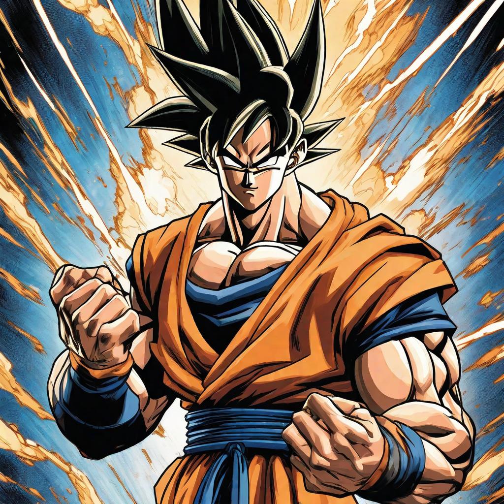  Goku, marvel comic panel, dc animated comic panel, comic panel, manga and manhwa style panel, portrait, young person face, style for marvel comic, anime comic panel style hyperrealistic, full body, detailed clothing, highly detailed, cinematic lighting, stunningly beautiful, intricate, sharp focus, f/1. 8, 85mm, (centered image composition), (professionally color graded), ((bright soft diffused light)), volumetric fog, trending on instagram, trending on tumblr, HDR 4K, 8K