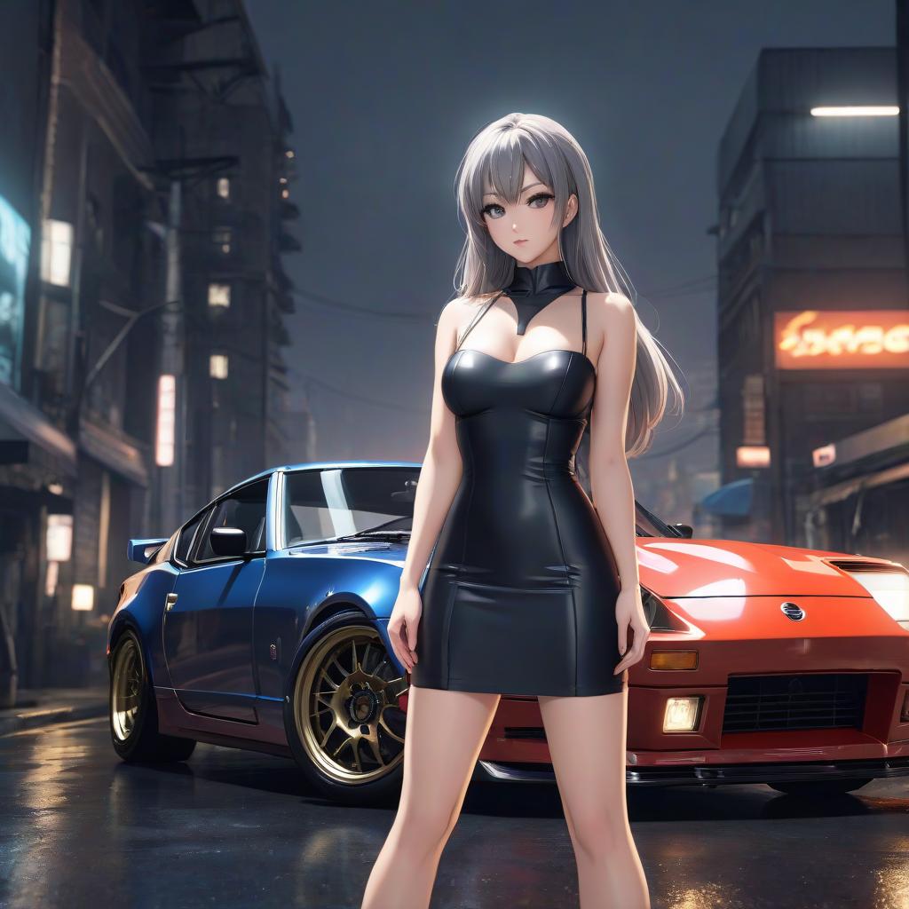  anime artwork Nissan S30Z Fairlady, Wangan Midnight, it's standing on the Wangan and a beautiful anime girl is standing next to it. . anime style, key visual, vibrant, studio anime, highly detailed hyperrealistic, full body, detailed clothing, highly detailed, cinematic lighting, stunningly beautiful, intricate, sharp focus, f/1. 8, 85mm, (centered image composition), (professionally color graded), ((bright soft diffused light)), volumetric fog, trending on instagram, trending on tumblr, HDR 4K, 8K