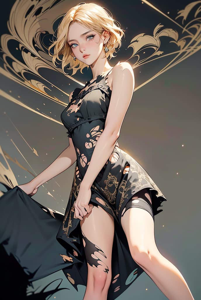  black lace (dress torn:2), 1 Russia , slim body, best anatomy, ocean eyes, cut short ( light gold hair:1.5) , small , back dress open, dress torn, tabi shoes, holster thigh heavy snow falling in foreground, windy, chaos snow falling messy background, sci-fi background, rotated, moved background, sci-fi movie, evening, low light, complex composition, evening sunset fighting, dynamic action shot, holding short weapons, action movie pose zentangle, mandala, tangle, entangle, vivid color by james jean, roby dwi antono, ross tran, francis bacon, michal mraz, adrian ghenie, petra cortright, gerhard richter, takato yamamoto, sci-fi atmosphere, gold light and shadow on face, ADVERTISING PHOTO,high quality, good proportion, 