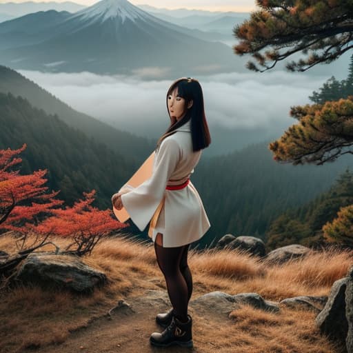  Japanese girl standing on mountain in warrior pose hyperrealistic, full body, detailed clothing, highly detailed, cinematic lighting, stunningly beautiful, intricate, sharp focus, f/1. 8, 85mm, (centered image composition), (professionally color graded), ((bright soft diffused light)), volumetric fog, trending on instagram, trending on tumblr, HDR 4K, 8K