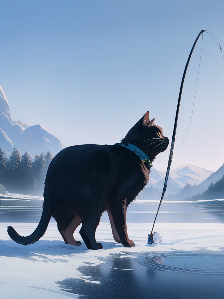  (small fish fishing:1.7、black cat that catches small fish、black cat fishing with a tail)、((icon、logotype design:1.4、symbol design))、black cat & small fish、(((long shot、on the frozen lake)))、best quality:1.4、masterpiece:1.4、ultra detailed texture、RAW photorealistic、absurd resolution、8K illustration、no background、💩、💩、💩、💩、💩、, masterpiece, best quality,8k,ultra detailed,high resolution,an extremely delicate and beautiful,hyper detail