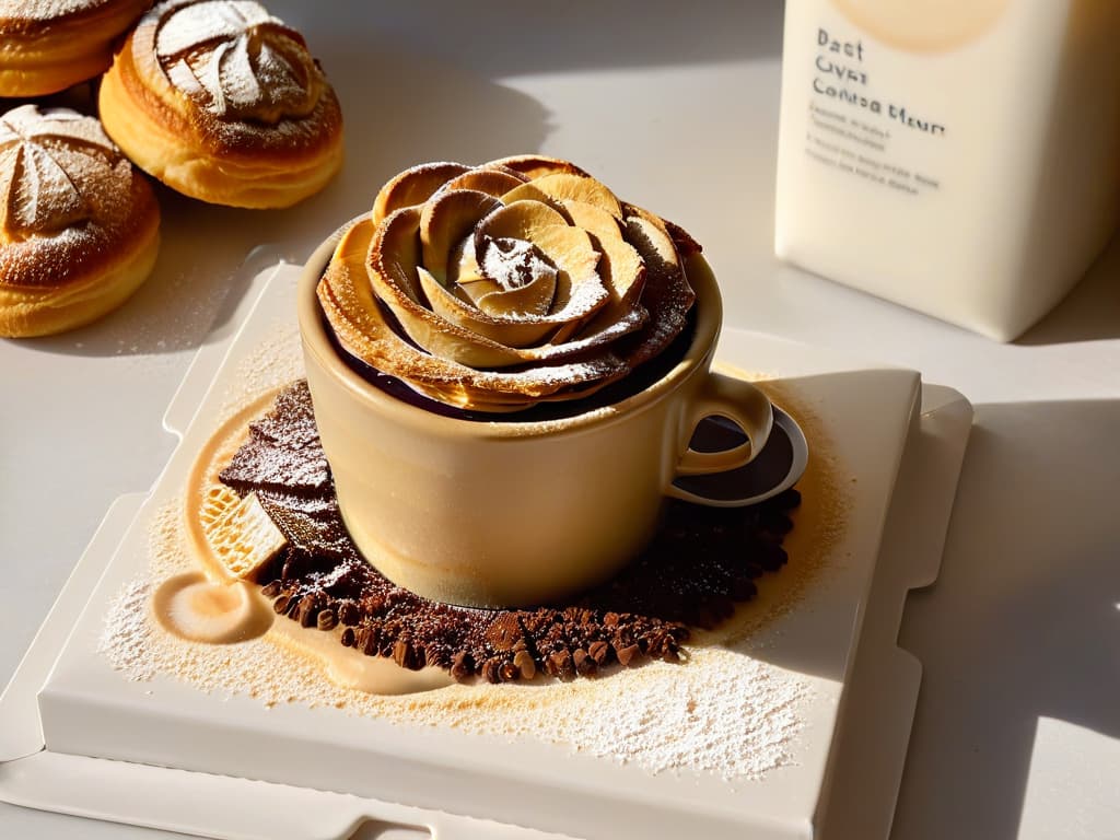  An ultradetailed image of a delicate espresso cup filled with rich, velvety coffee topped with intricate latte art resembling a blooming flower, set against a backdrop of a freshly baked flaky croissant dusted with powdered sugar. The lighting is soft, enhancing the golden hues of the pastry and the deep brown tones of the coffee, creating a serene and inviting scene that evokes the cozy ambiance of a classic bakery. hyperrealistic, full body, detailed clothing, highly detailed, cinematic lighting, stunningly beautiful, intricate, sharp focus, f/1. 8, 85mm, (centered image composition), (professionally color graded), ((bright soft diffused light)), volumetric fog, trending on instagram, trending on tumblr, HDR 4K, 8K