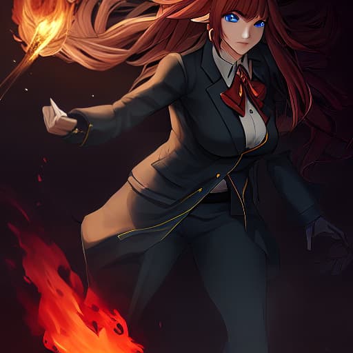  **Name:** Ember **Appearance:** Ember is a young woman with long, flowing auburn hair and piercing blue eyes. She wears the standard UA High School uniform, but her blazer is adorned with intricate fire patterns. **Quirk:** **Pyrokinesis:** Ember has the power to generate and manipulate fire at will. She can create blazing infernos, launch fireballs, and shape her flames into various forms. **Abilities:** * **Fire Breath:** Ember can exhale a powerful stream of fire that can incinerate opponents from a distance. * **Flame Manipulation:** She can control the shape, size, and intensity of her flames, allowing her to create intricate fire constructs or devastating explosions. * **Heat Resistance:** Ember's body is highly resistant to hea hyperrealistic, full body, detailed clothing, highly detailed, cinematic lighting, stunningly beautiful, intricate, sharp focus, f/1. 8, 85mm, (centered image composition), (professionally color graded), ((bright soft diffused light)), volumetric fog, trending on instagram, trending on tumblr, HDR 4K, 8K