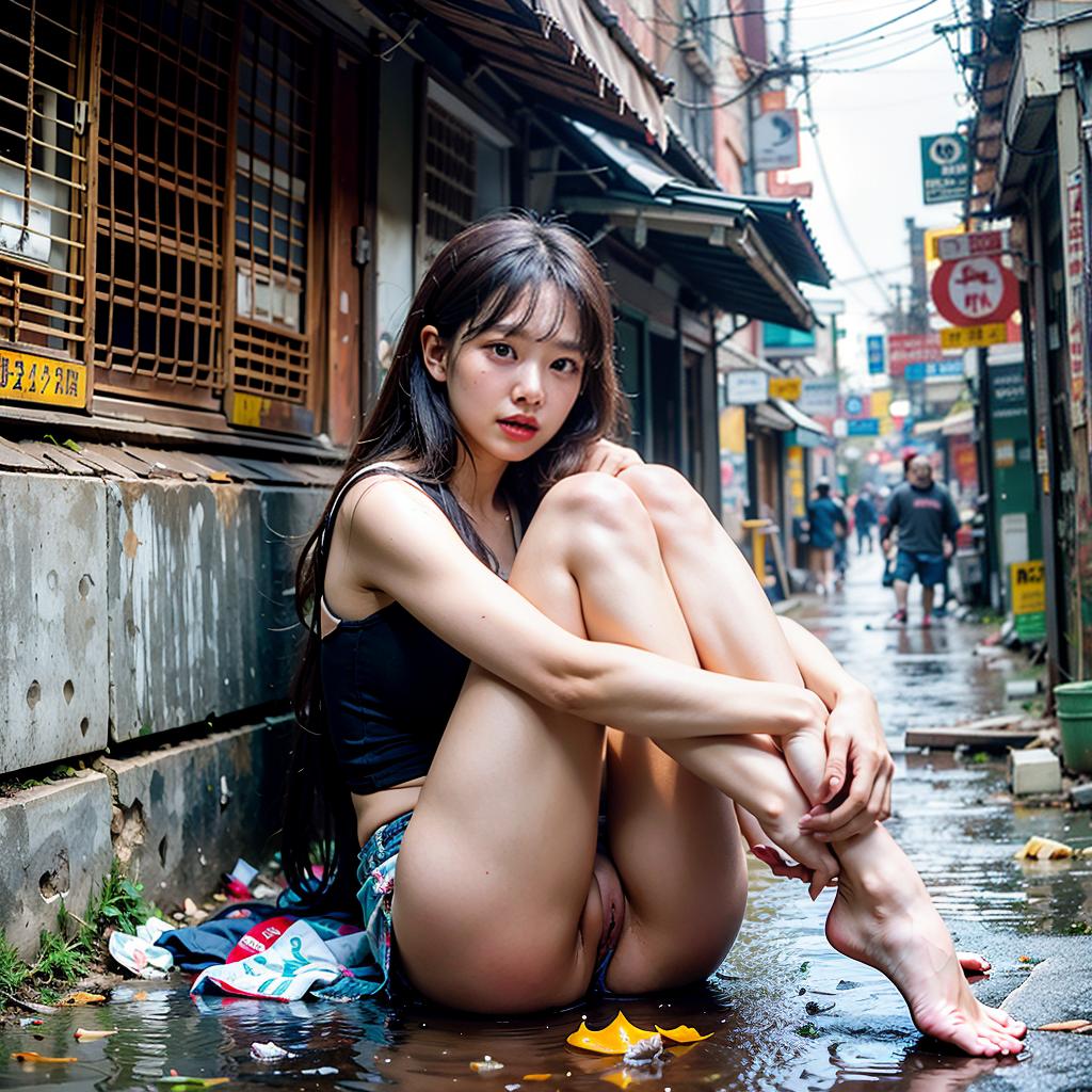  masterpiece, best quality, ultra high quality, slum alley, broken mirror, pile of trash, dirty, plastic waste, puddle, dim light, futuristic, ornate, detail, 1 , solo, o actress, korea idol face, beauty face, shiny skin, (a pained look with one's mouth open), (, huge , huge ), ((sit on the land with one's legs apart, vulva, wide open leg, all body show, hole))