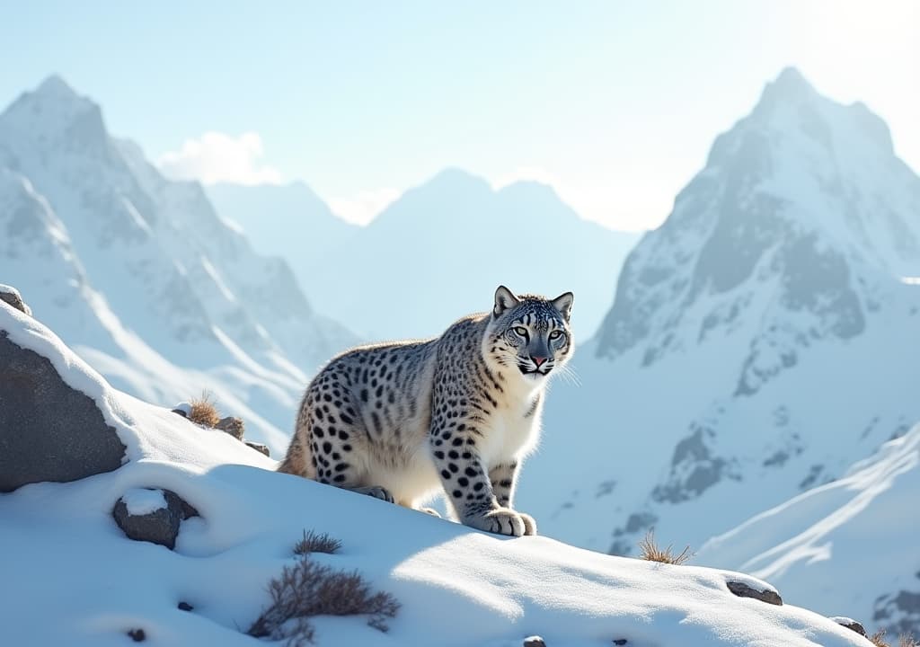  good quality, high quality, snow leopard in majestic mountain landscape