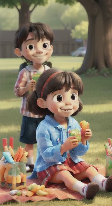  {Kids sitting around a picnic blanket, enjoying juice boxes and snacks., Children happily eating snacks, with crumbs on their faces and big smiles.