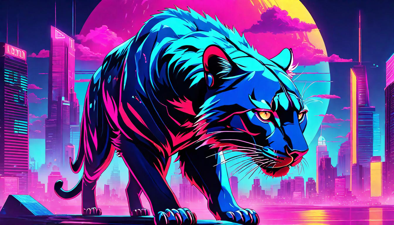  vaporwave,cyberpunk game style A sleek, fierce panther, spotted under the moon, its eyes aglow, embodiment of spiritual agility, silent strength, sacred animal, midnight grace, stealth in wisdom.eon, dystopian, futuristic, digital, vibrant, detailed, high contrast, reminiscent of cyberpunk genre video games,retro aesthetic, cyberpunk, vibrant, neon colors, vintage 80s and 90s style, highly detailed