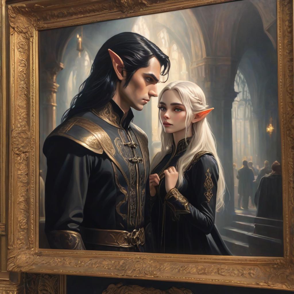  Oil painting. Painting on the wall. Gilded frame. A life sized portrait of a man elf with black long hair, wearing black clothing, and a woman elf with light hair, wearing light clothing. hyperrealistic, full body, detailed clothing, highly detailed, cinematic lighting, stunningly beautiful, intricate, sharp focus, f/1. 8, 85mm, (centered image composition), (professionally color graded), ((bright soft diffused light)), volumetric fog, trending on instagram, trending on tumblr, HDR 4K, 8K