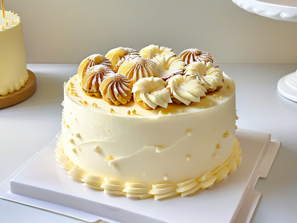  An ultradetailed image of a decadent doublelayered macadamia nut cake, elegantly frosted with a smooth, glossy vanilla buttercream, and adorned with a sprinkle of chopped macadamia nuts on top. The cake sits on a sleek, modern cake stand against a clean, white background, with soft natural light casting a gentle shadow, highlighting the intricate texture of the nuts and the velvety finish of the frosting. hyperrealistic, full body, detailed clothing, highly detailed, cinematic lighting, stunningly beautiful, intricate, sharp focus, f/1. 8, 85mm, (centered image composition), (professionally color graded), ((bright soft diffused light)), volumetric fog, trending on instagram, trending on tumblr, HDR 4K, 8K