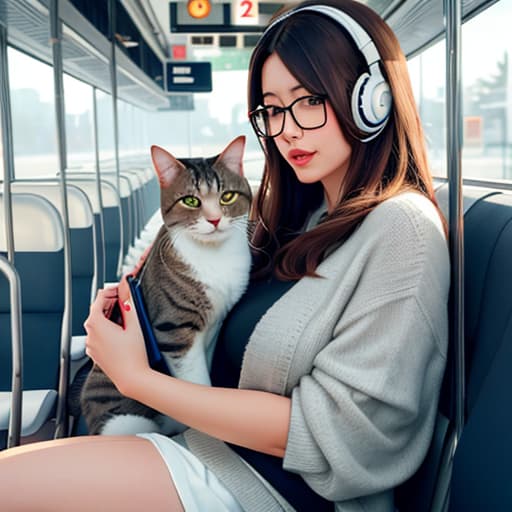  Realistic image of a cat wearing headphones and reading glasses while riding a bus. hyperrealistic, full body, detailed clothing, highly detailed, cinematic lighting, stunningly beautiful, intricate, sharp focus, f/1. 8, 85mm, (centered image composition), (professionally color graded), ((bright soft diffused light)), volumetric fog, trending on instagram, trending on tumblr, HDR 4K, 8K