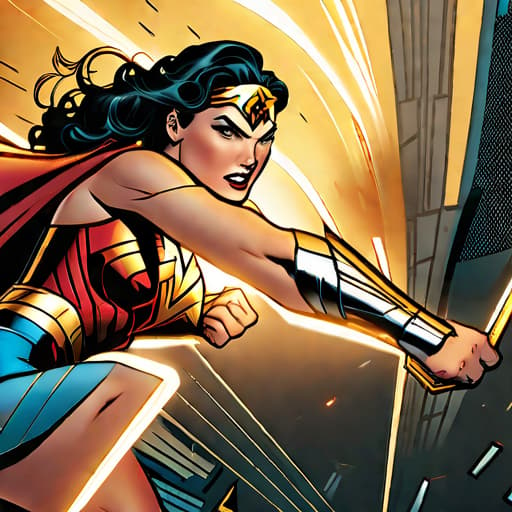  Editorial Illustration of Wonder Woman in a dynamic state, emphasizing strength and determination while engaged in an aerial battle. The scene unfolds against a dramatic cityscape backdrop, symbolizing the constant struggle for justice. The vibrant golden sunlight illuminates the sky, highlighting Wonder Woman's unwavering resolve. Employ a bold and powerful illustration style that aligns with the strong editorial tone, utilizing a balanced composition. Infuse the palette with bold reds, blues, and golds to evoke a sense of heroism and excitement.