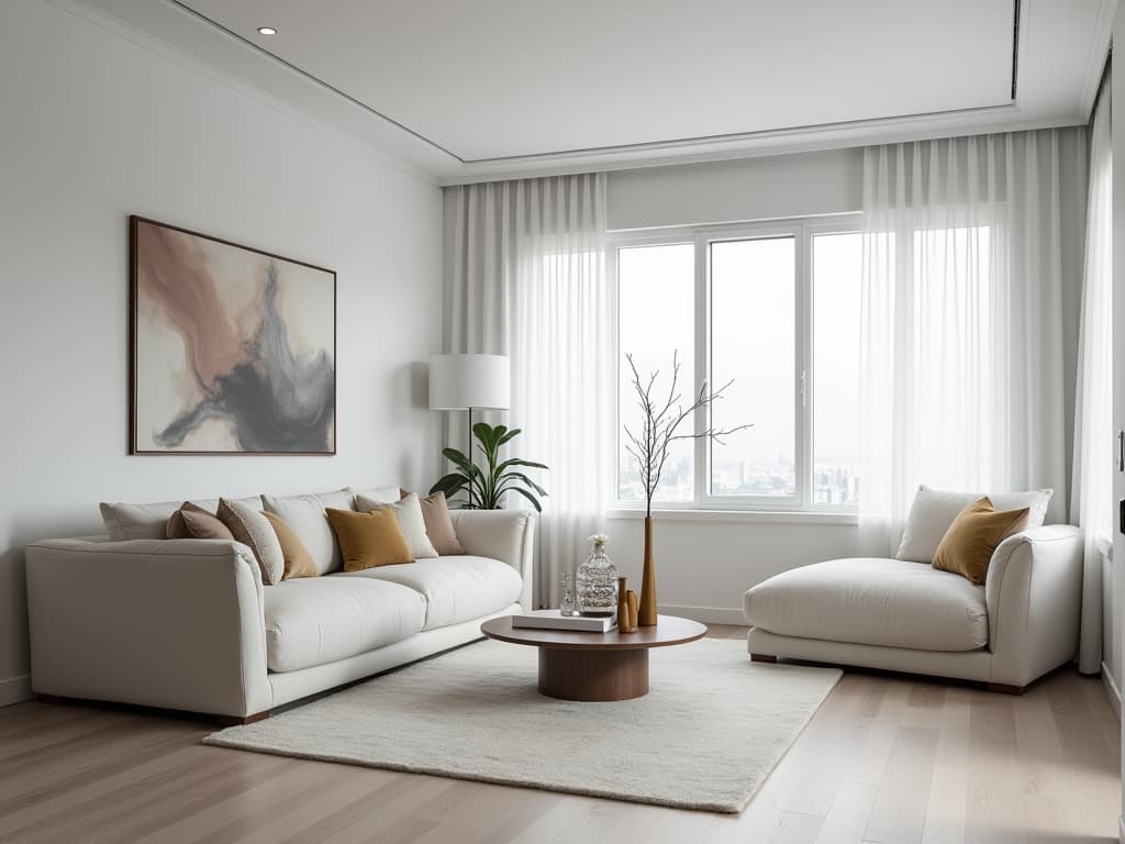  this image is a stunning, unedited 8k photograph of a living room, showcasing a scandinavian design style characterized by simplicity, functionality, and warm, inviting muted tones. the space, designed for relaxation and entertainment, features dense furnishings and decorations that exude a sense of comfort and elegance. the photograph itself is a hyperrealistic masterpiece, displaying an intricate, highly detailed view that is both photorealistic and professionally color graded. the use of bright, soft diffused light enhances the visual appeal, making it a visually stunning and beautifully intricate depiction of a well appointed living space.