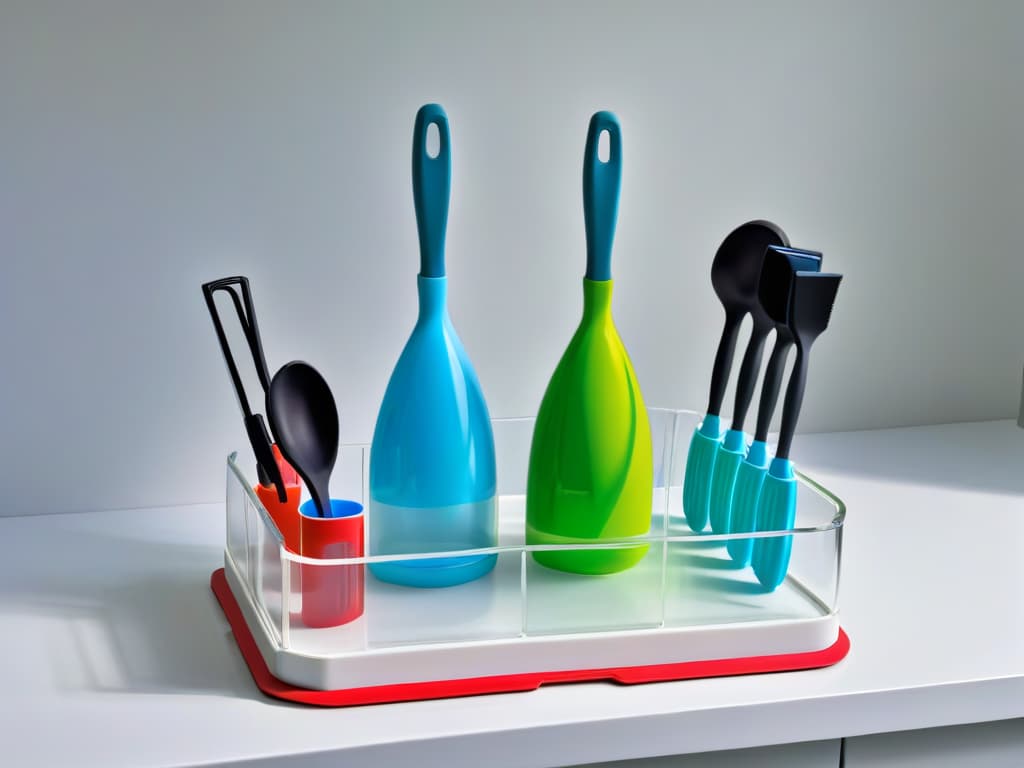  A highresolution minimalist image of a sleek, modern kitchen utensil holder made of clear acrylic, displaying an array of vibrant colored silicone spatulas neatly arranged in a row. The spatulas vary in sizes and shapes, showcasing their versatility for different baking and cooking needs. The background is a soft, neutral tone to enhance the vibrancy of the spatulas, creating a visually appealing and enticing image for the readers. hyperrealistic, full body, detailed clothing, highly detailed, cinematic lighting, stunningly beautiful, intricate, sharp focus, f/1. 8, 85mm, (centered image composition), (professionally color graded), ((bright soft diffused light)), volumetric fog, trending on instagram, trending on tumblr, HDR 4K, 8K