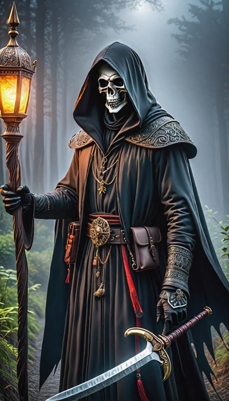  gothic style depiction of a grim reaper. Dark, mysterious, scary, haunting, dramatic, ornate, detailed. . dark, mysterious, haunting, dramatic, ornate, detailed, hyperrealistic, full body, detailed clothing, highly detailed, cinematic lighting, stunningly beautiful, intricate, sharp focus, f/1. 8, 85mm, (centered image composition), (professionally color graded), ((bright soft diffused light)), volumetric fog, trending on instagram, trending on tumblr, HDR 4K, 8K