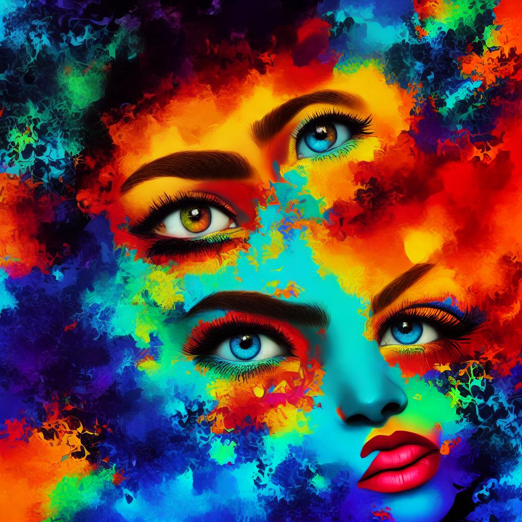  an animated digital art illustration of a woman's eye and makeup, in the style of tristan eaton, psychedelic artwork, cyril rolando, orange and azure, conceptual art pieces, psychedelic tableaux, multi-layered figures