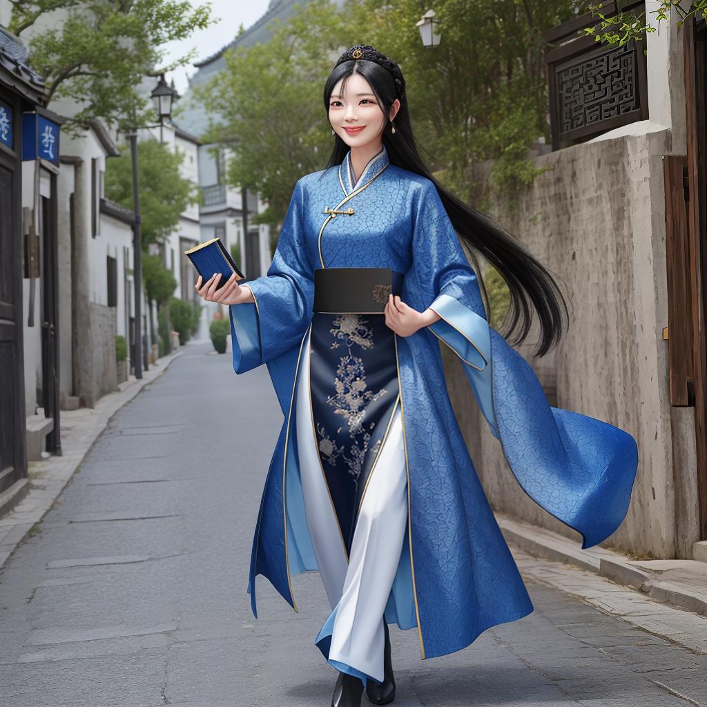  A woman with black hair wearing elegant blue Han clothes, holding an embossed book in her hand, walking on an antique road, turned slightly and smiled.