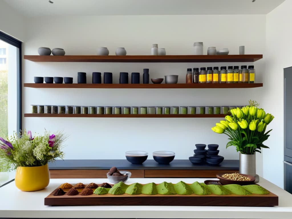  A highresolution, minimalist image of a sleek, modern kitchen with open shelving filled with a variety of innovative baking ingredients like matcha powder, edible flowers, cardamom pods, and artisanal chocolates. The image showcases a clean, organized space with a focus on the colorful array of unique ingredients, creating an atmosphere of creativity and inspiration for experimenting with special baking elements. hyperrealistic, full body, detailed clothing, highly detailed, cinematic lighting, stunningly beautiful, intricate, sharp focus, f/1. 8, 85mm, (centered image composition), (professionally color graded), ((bright soft diffused light)), volumetric fog, trending on instagram, trending on tumblr, HDR 4K, 8K