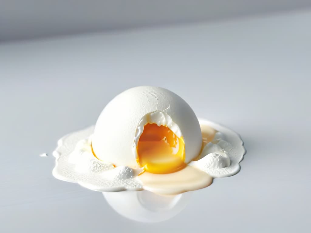  A closeup, ultradetailed image of a perfectly cracked open egg with the yolk and egg white spilling out onto a sleek, minimalist white surface, showcasing the freshness and quality of eggs in baking. hyperrealistic, full body, detailed clothing, highly detailed, cinematic lighting, stunningly beautiful, intricate, sharp focus, f/1. 8, 85mm, (centered image composition), (professionally color graded), ((bright soft diffused light)), volumetric fog, trending on instagram, trending on tumblr, HDR 4K, 8K