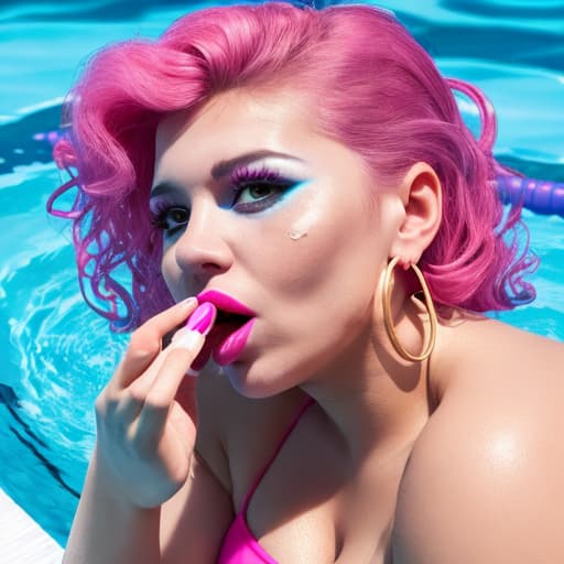  Woman in pool, huge,,, heavy makeup, hoop earrings, hair, hair, hot pink lips, pink fingernails, finger in mouth, on finger
