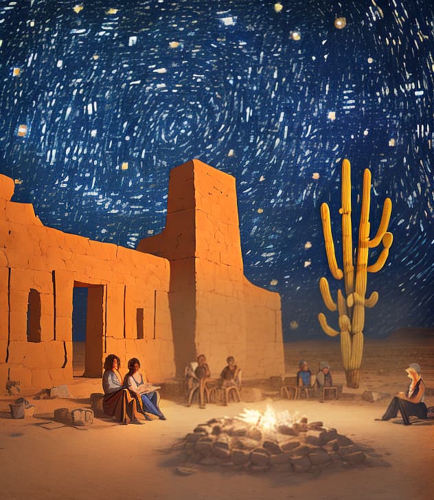  An ancient building in the starry night of the desert and people sitting around the fire