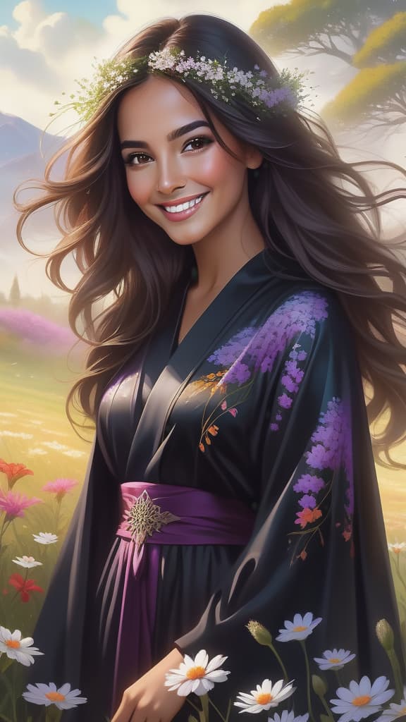  hispanic woman smiling wearing dark robes in a meadow, hyper detailed colored captivating eyes, ( add depth, surrounded by flowers, backlit, petals, hair floating, gorgeous beautiful woman, art by Mschiffer, photo RAW,HD,8K,Hyperdetailed,hyper realistic background:1.5), (Ultra detailed illustration of a person lost in a magical world of wonders, glowy, background, incredibly detailed, pastel colors, night, bioluminescence, ultrarealistic, hyperrealistice, hyperdetailed: shiny aura, highly detailed, intricate motifs, perfect composition, smooth, sharp focus, sparkling particles, background Realistic, (In a captivating art piece, a whimsical virtual regal amoeba blob creature takes center stage. by alex1shved This vibrant  image showcases a c hyperrealistic, full body, detailed clothing, highly detailed, cinematic lighting, stunningly beautiful, intricate, sharp focus, f/1. 8, 85mm, (centered image composition), (professionally color graded), ((bright soft diffused light)), volumetric fog, trending on instagram, trending on tumblr, HDR 4K, 8K