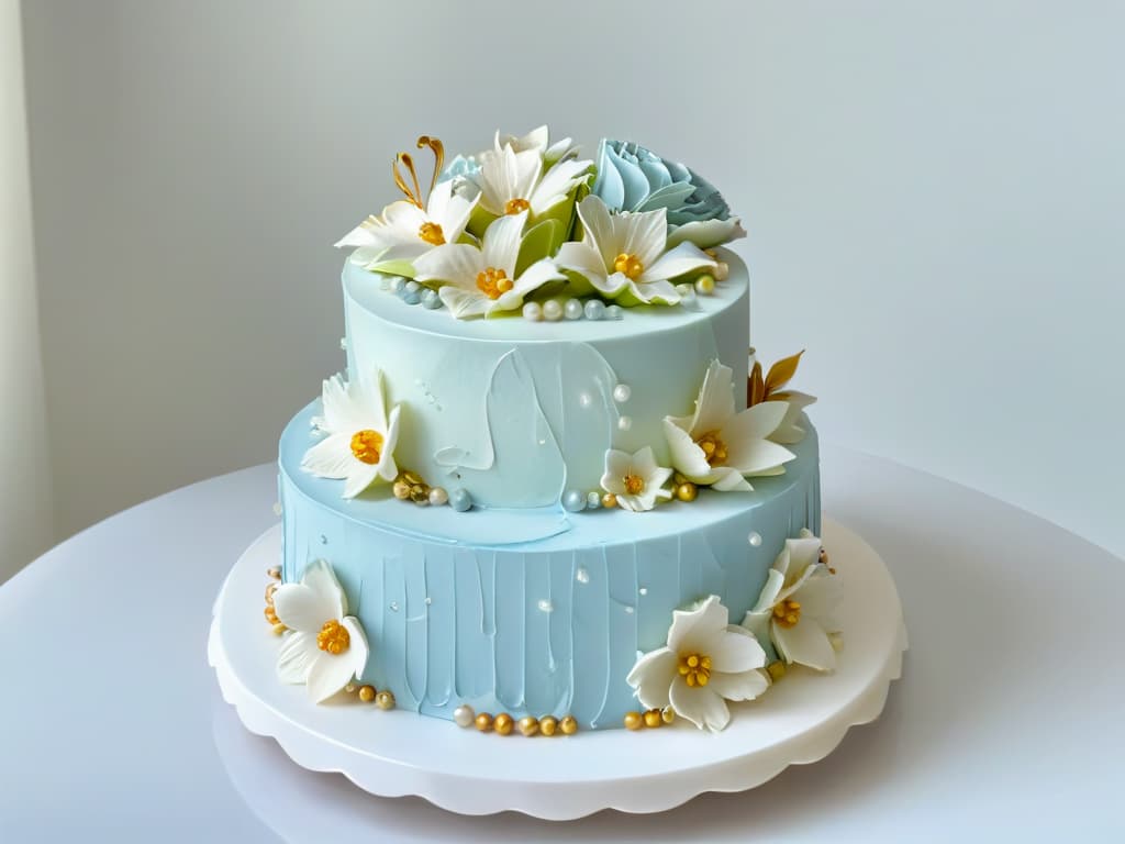  A closeup, ultradetailed image of a perfectly frosted and meticulously decorated threetiered cake, displayed on a sleek, white marble countertop. The cake features intricate piped floral designs in pastel hues, shimmering edible gold leaf accents, and delicate sugar pearls, all flawlessly illuminated by a soft, diffused light casting elegant shadows on the pristine surface below. The meticulous details of the cake's decorations and the subtle interplay between light and shadow create a visually striking and visually compelling composition, perfectly encapsulating the essence of professional and inspiring pastry photography. hyperrealistic, full body, detailed clothing, highly detailed, cinematic lighting, stunningly beautiful, intricate, sharp focus, f/1. 8, 85mm, (centered image composition), (professionally color graded), ((bright soft diffused light)), volumetric fog, trending on instagram, trending on tumblr, HDR 4K, 8K